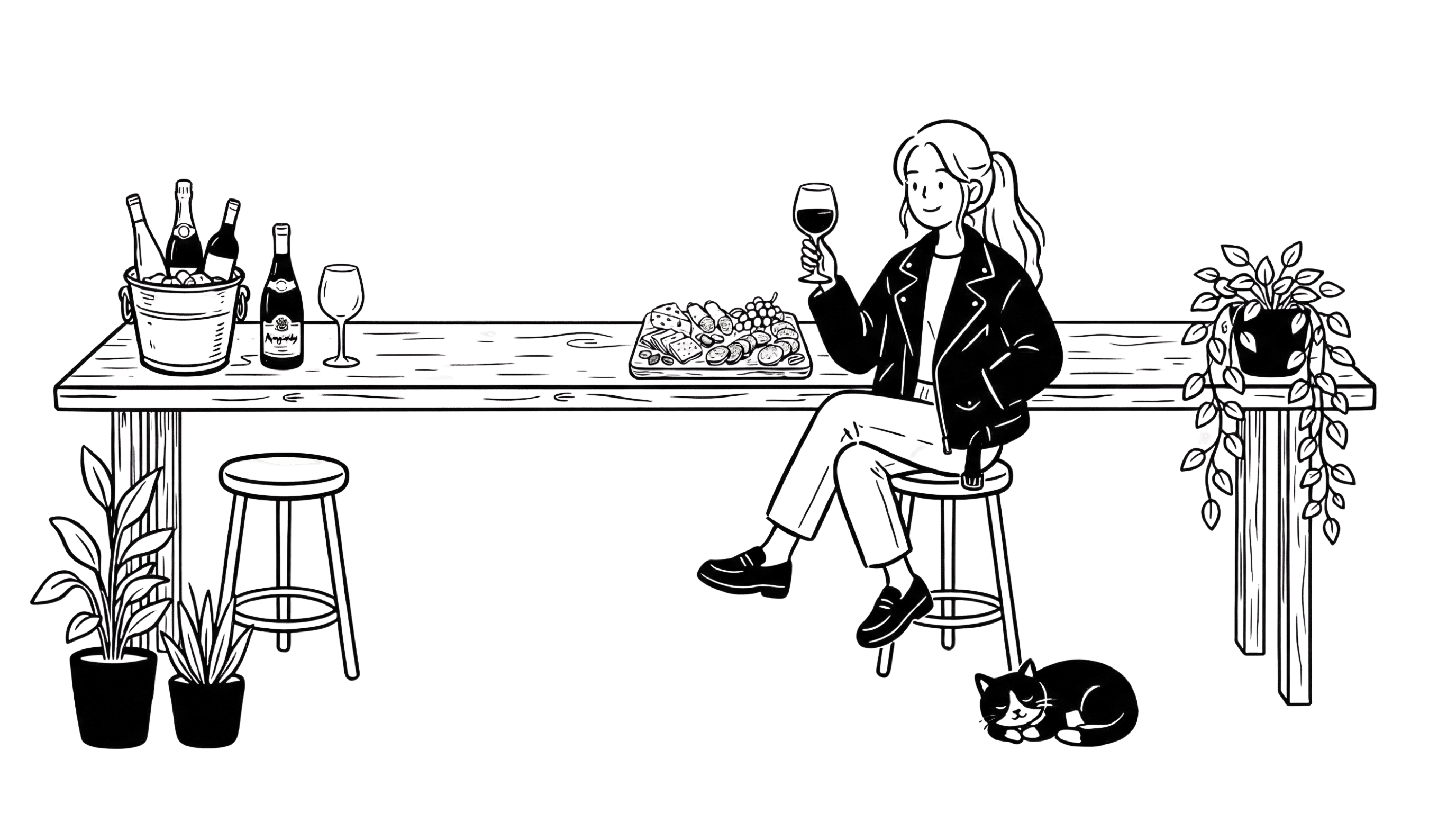 Hand-drawn illustration of a cozy bar scene